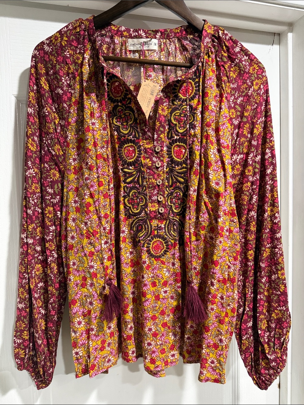 NATURAL LIFE Floral Embroidered Peasant Blouse - Maroon & Mustard